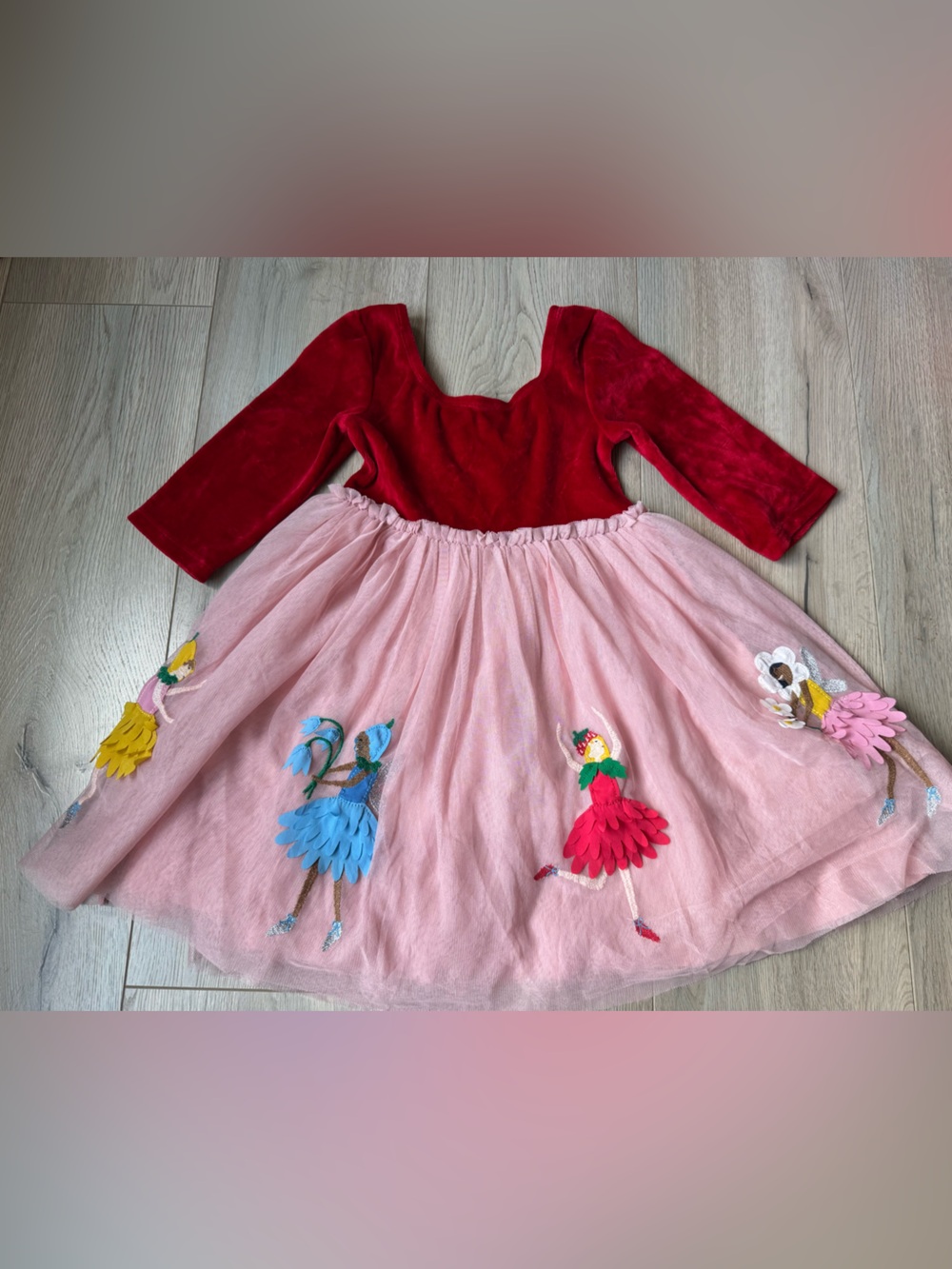 Mini Boden Pink Tulle Ballerina Dress with Red Velvet Bodice
